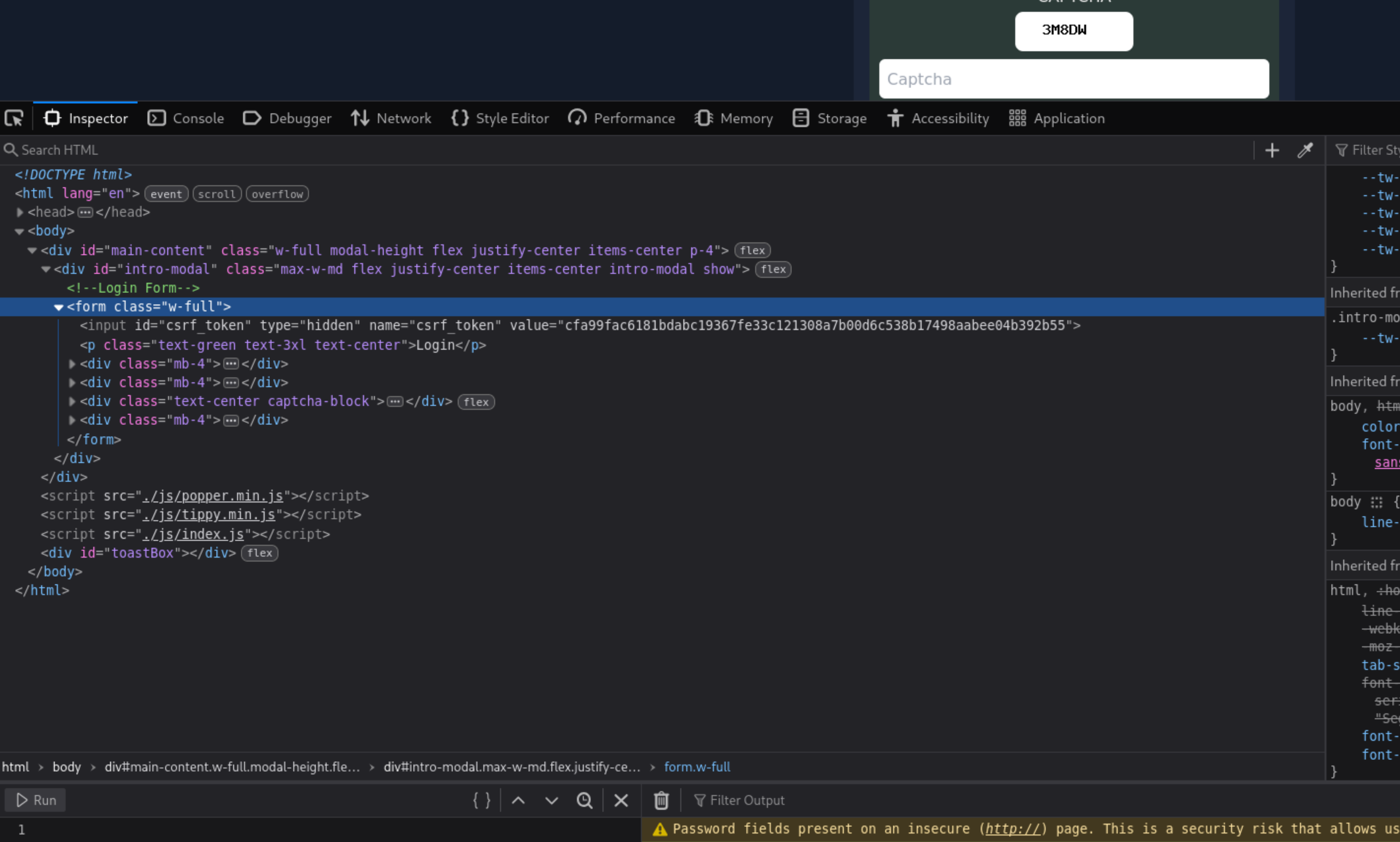 browser dev tools inspecting login form HTML